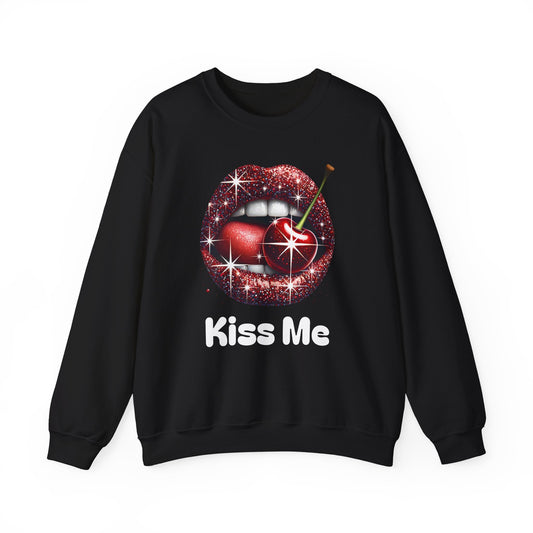 Cherry Kiss Me Sweatshirt, Glitter Lips Cherry Graphic Crewneck, Retro Pop Art Sweatshirt, Cute Flirty Pullover, Unisex Cozy Top