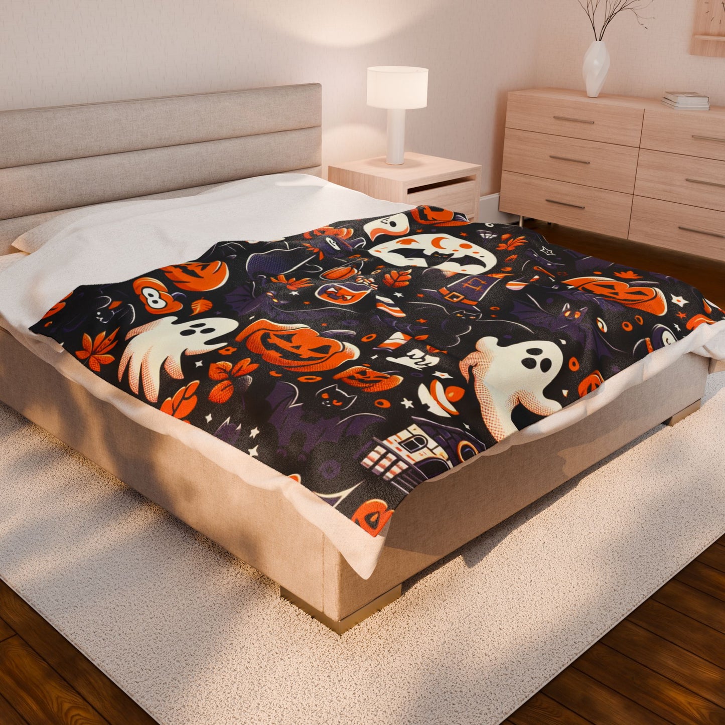 Halloween Blanket, Spooky Velveteen Throw, Autumn Plush Blanket, Cozy Home Decor, Warm Gift for Her, Halloween Bedding, Halloween Gift for