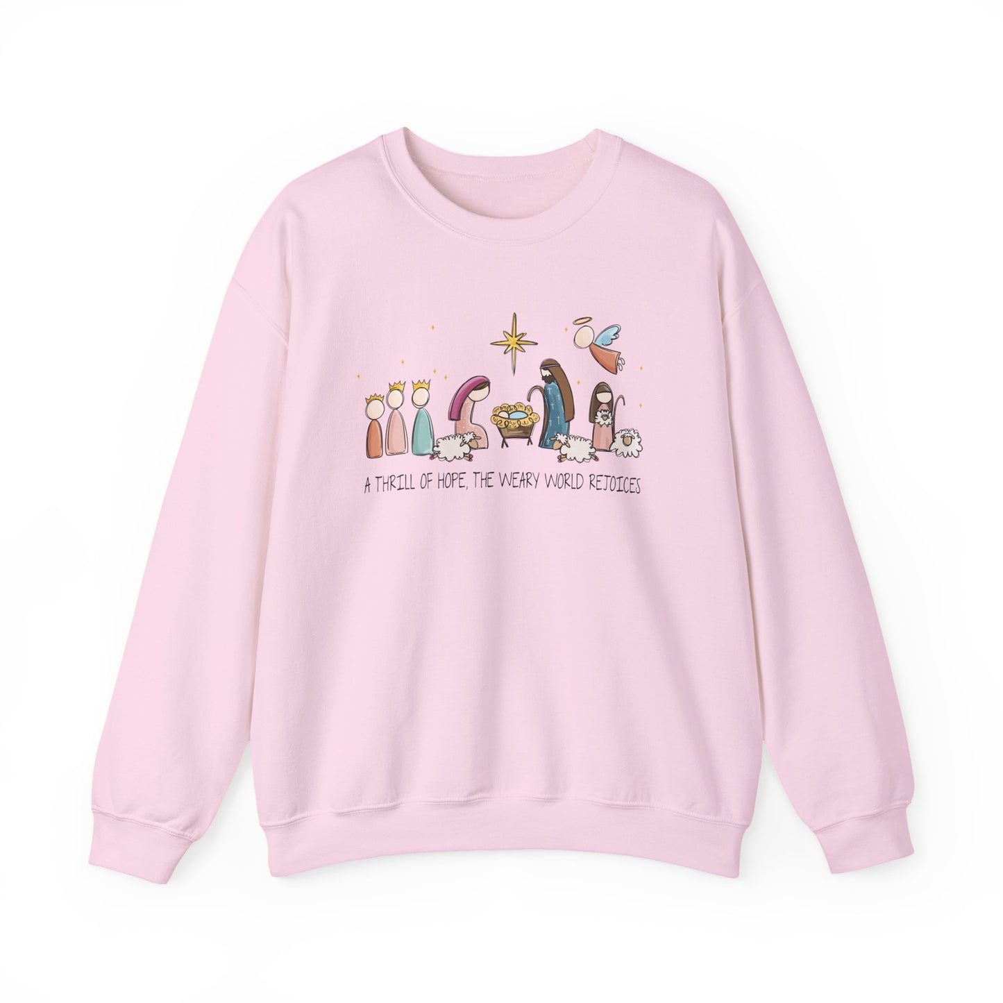 A Thrill Of Hope, the Weary World Rejoices Nativity Scene Illustration Crewneck Sweatshirt | Minimal Christmas