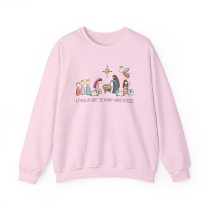 A Thrill Of Hope, the Weary World Rejoices Nativity Scene Illustration Crewneck Sweatshirt | Minimal Christmas