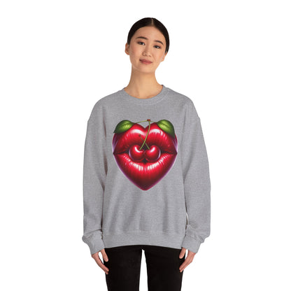 Heart Cherry Lips Sweatshirt, Cherry Face Graphic Crewneck, Cute Aesthetic Sweatshirt, Retro Pop Art Pullover, Unisex Cozy Top
