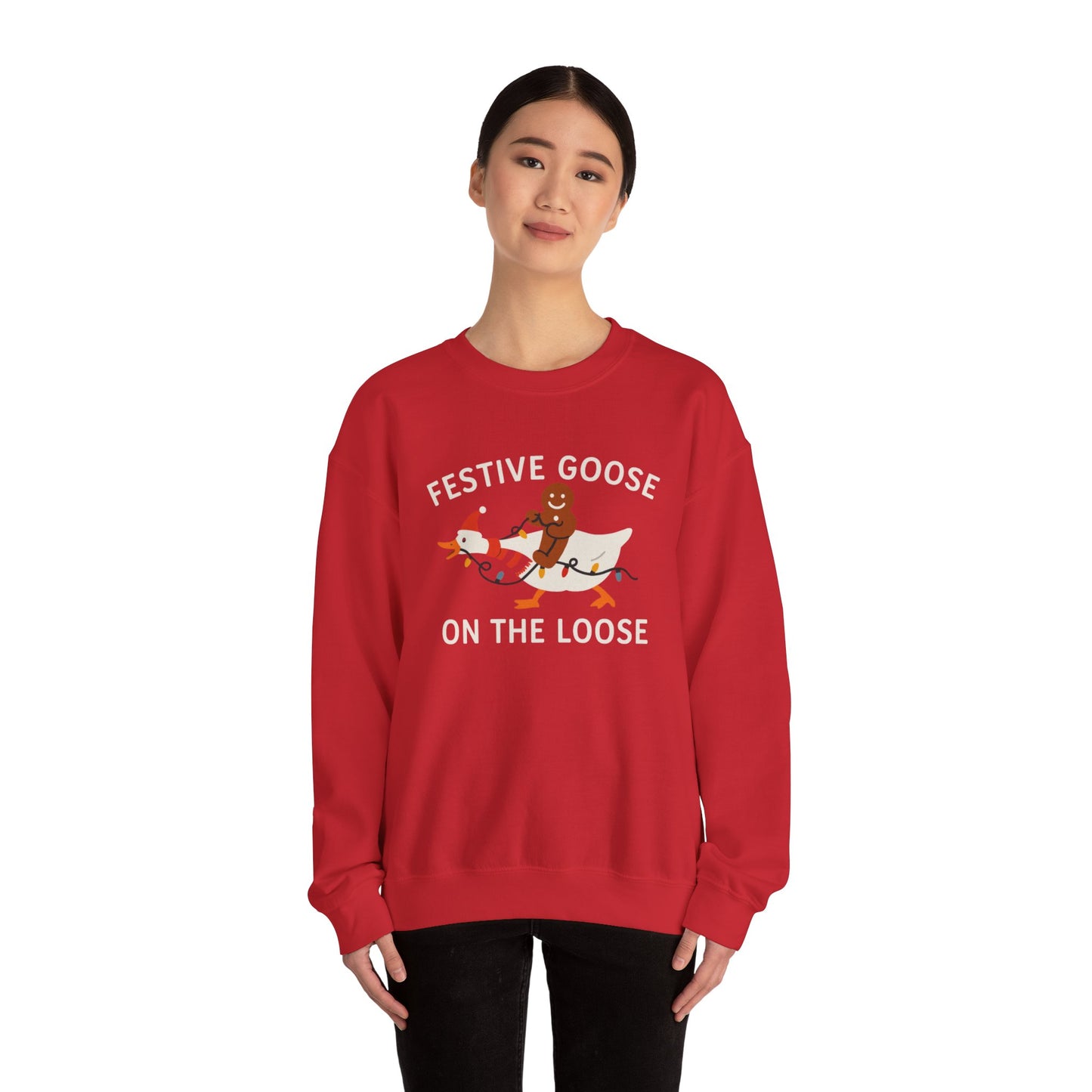 Festive Goose on the Loose Sweatshirt, Funny Christmas Gingerbread Crewneck, Holiday Lights Shirt, Cozy Winter Gift for Her and Him