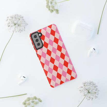 Tough Cases with Red Pink Diamonds, Retro Checkerboard iPhone Case And Samsung Case, Slim Fit Phone Case, Stylish Gift