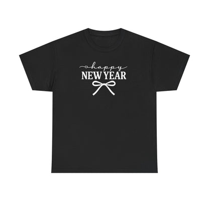 Happy New Year Bow T-Shirt, Minimalist New Year Typography Tee, Holiday Graphic Shirt, New Year's Eve Outfit, Casual Festive Top