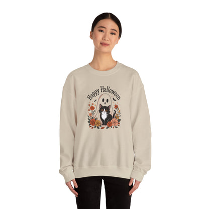 Happy Halloween Cat Crewneck Sweatshirt, Cozy Fall Sweatshirt, Halloween Gift, Fall Fashion, Gift for Her, Spooky Season Apparel
