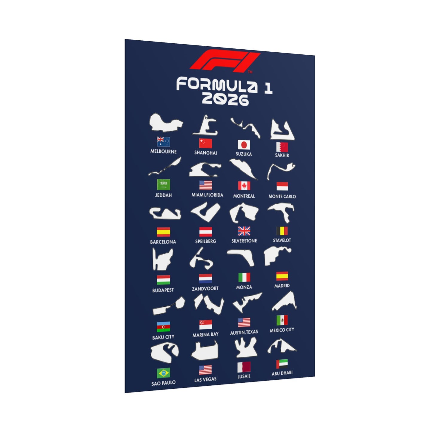 Formula 1 2026 Track Silhouettes Poster, F1 Circuits Map Wall Art, Grand Prix Calendar Print, Motorsport Racing Decor, Rolled Poster