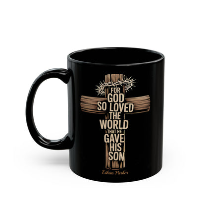 For God So Loved Mug, Wooden Cross Christian Coffee Cup, Scripture Verse Black Ceramic Mug, Bible Study Gift, Faith Inspirational Mug