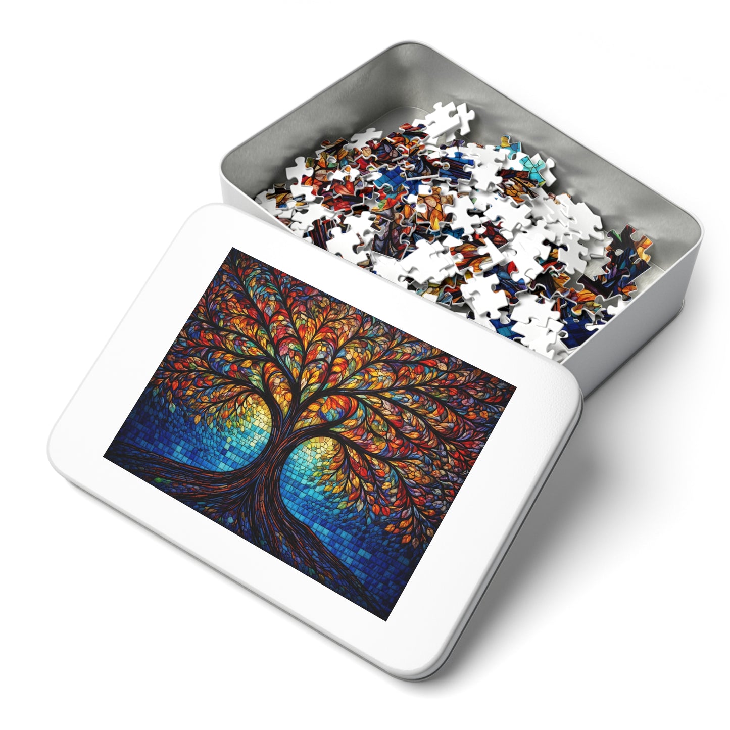 Tree of Life Jigsaw Puzzle, Colorful Stained Glass Mosaic Puzzle with Tin, Adult Puzzle Gift, Art Jigsaw