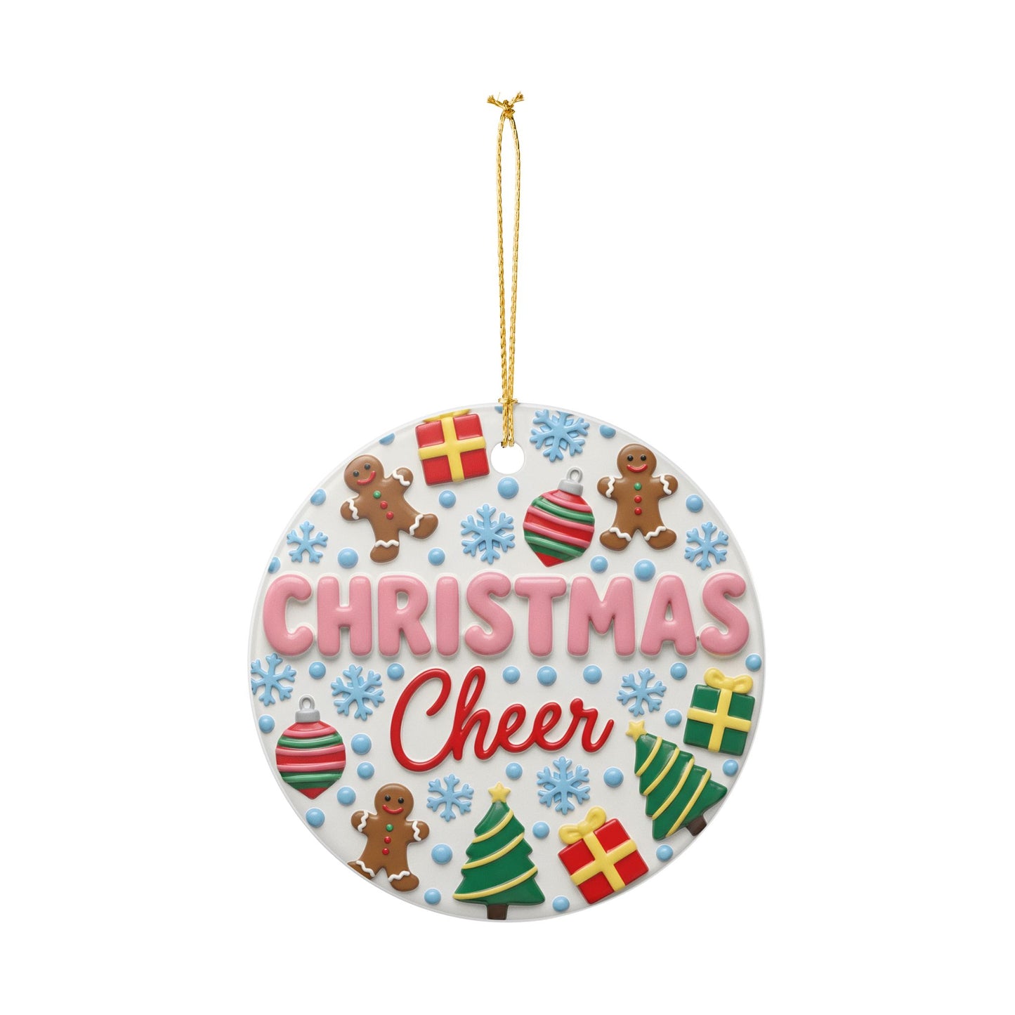 Christmas Cheer Gingerbread Ornament | Cute Trees & Gift Pattern | Festive Ceramic Christmas Tree Decor | Holiday Gift Keepsake