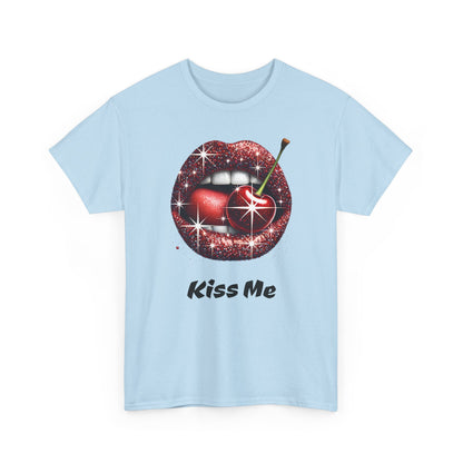 Glitter Lips Cherry Kiss Me Tee, Retro Pinup Graphic Shirt, Flirty Pop Art T-Shirt, Vintage Style Cotton Tee