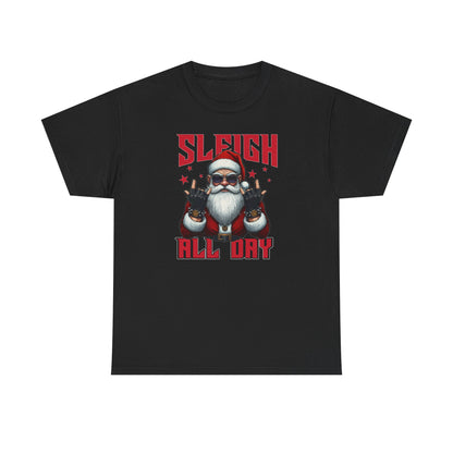 Funny Santa Sleigh All Day T-Shirt | Cool Christmas Graphic Tee | Rocker Santa Shirt | Holiday Humor Gift