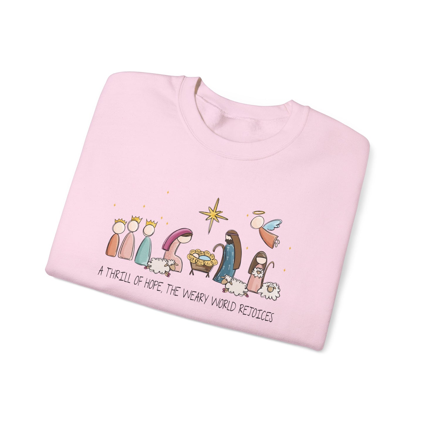 A Thrill Of Hope, the Weary World Rejoices Nativity Scene Illustration Crewneck Sweatshirt | Minimal Christmas