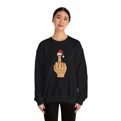 Middle Finger with Santa Hat Crewneck | Naughty Christmas Sweatshirt | Funny Holiday T-Shirt for Adults | Sarcastic Santa Gift