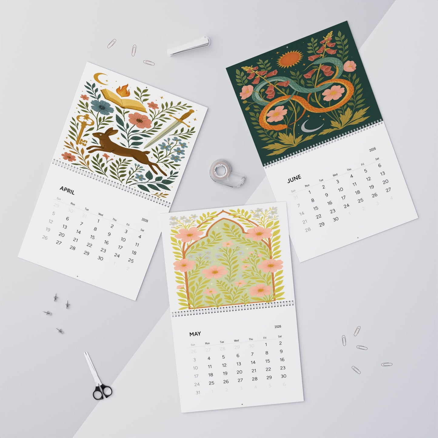 2026 Wall Calendar, Mystical Botanical Art Planner, Monthly Illustrated Calendar, Nature-Inspired Home Office Decor Gift