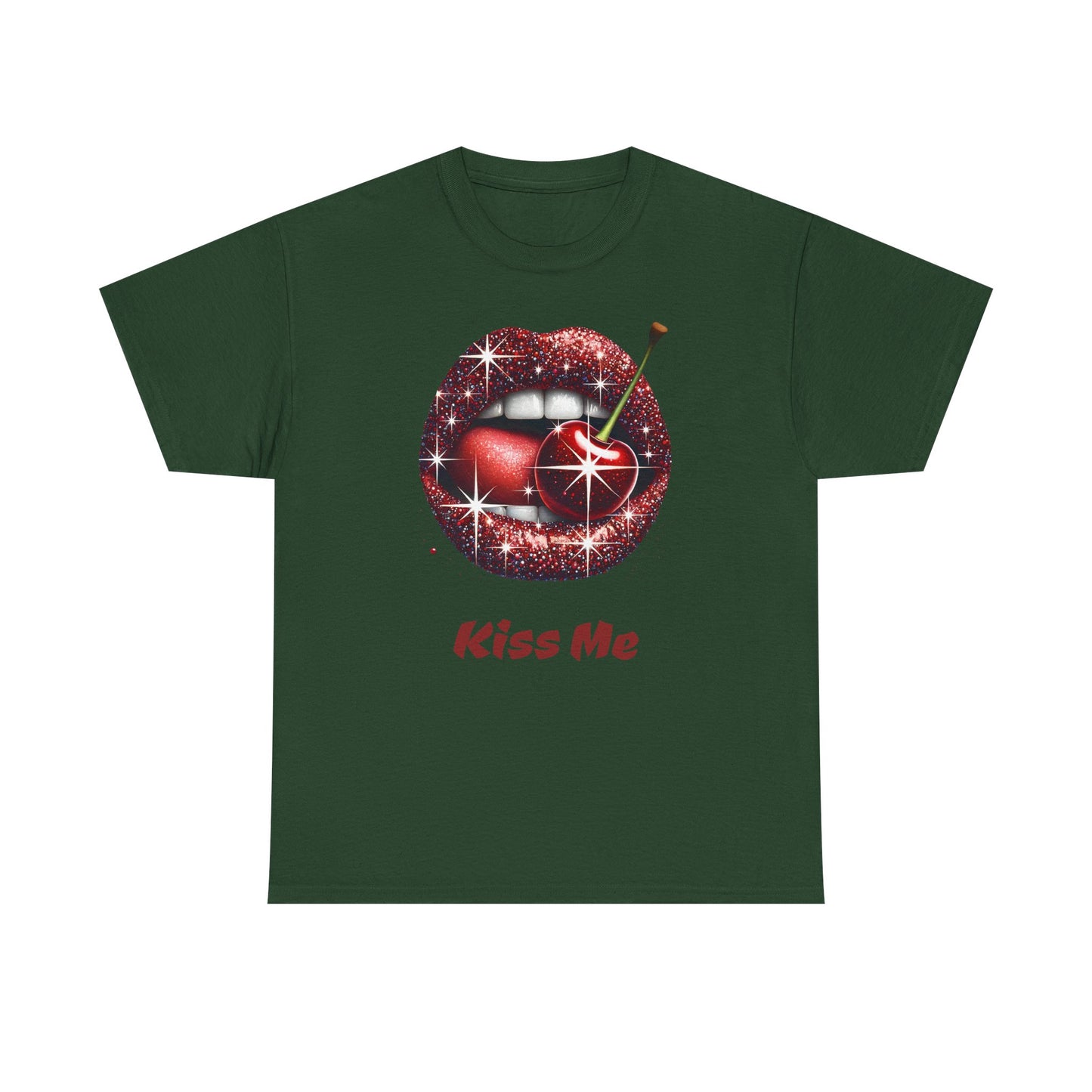 Glitter Lips Cherry Kiss Me Tee, Retro Pinup Graphic Shirt, Flirty Pop Art T-Shirt, Vintage Style Cotton Tee