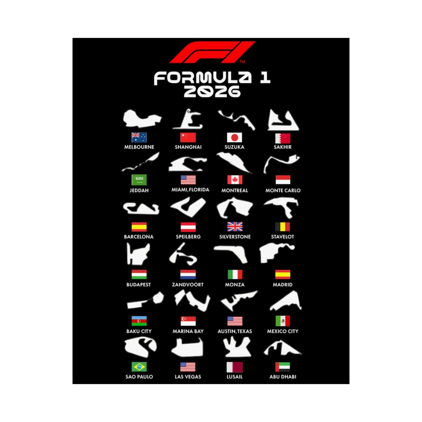 Formula 1 2026 Track Map Poster, F1 Circuits Silhouette Wall Art, Motorsport Racing Print, Racing Fan Gift, Garage Decor
