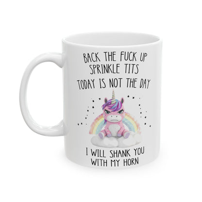 Back the Fuck Up Sprinkle Tits Unicorn Mug, Funny Adult Gag Gift, Sassy Unicorn Coffee Cup for Women