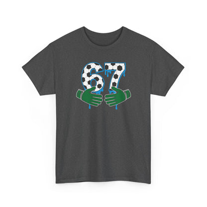 Dripping 97 Number Graphic Tee, Streetwear Checkerboard T-Shirt with Green Hands, Artsy Unisex Cotton Shirt