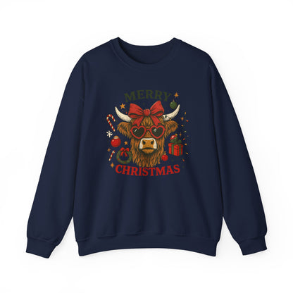 Merry Christmas Highland Cow Sweatshirt, Cow Christmas Crewneck, Funny Holiday Farm Shirt, Western Christmas Sweater, Cozy Xmas Gift for Her