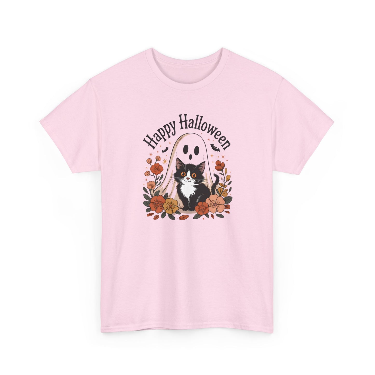 Halloween Cat & Ghost Tee, Heavy Cotton Shirt, Spooky Season Apparel, Autumn Gift, Fall Festival Outfit, Haunted House Wear
