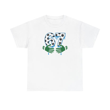 Dripping 97 Number Graphic Tee, Streetwear Checkerboard T-Shirt with Green Hands, Artsy Unisex Cotton Shirt