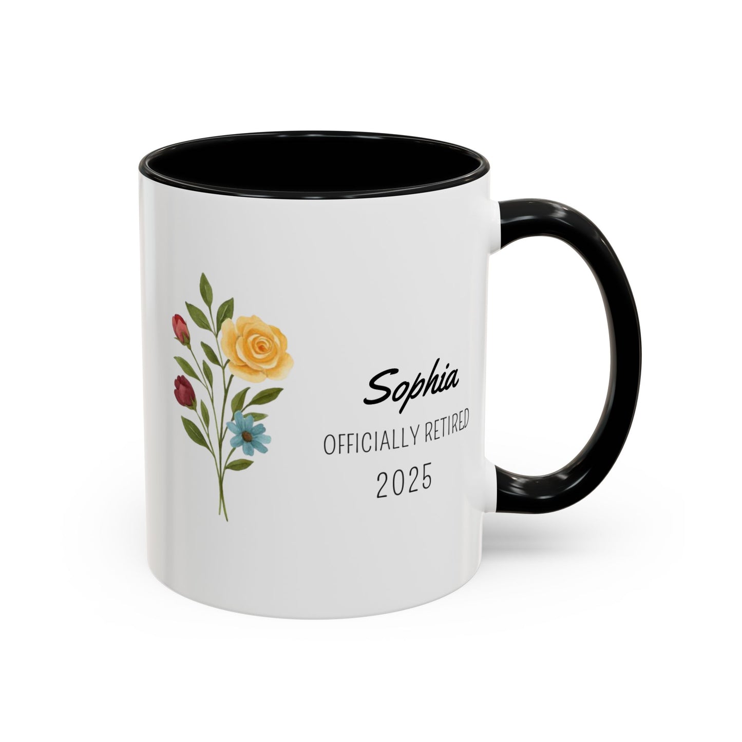 Personalized Retirement Coffee Mug, Floral Design, Gift for Retirees, Custom Name Mug, Celebration Drinkware, Retirement Day Gift