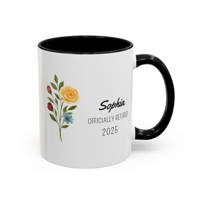 Personalized Retirement Coffee Mug, Floral Design, Gift for Retirees, Custom Name Mug, Celebration Drinkware, Retirement Day Gift