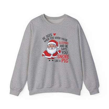 Funny Santa Christmas Sweatshirt He Sees When You are Sleeping and He Says You Snore Like a Pig |Holiday Humor Crewneck |Cozy Christmas Gift