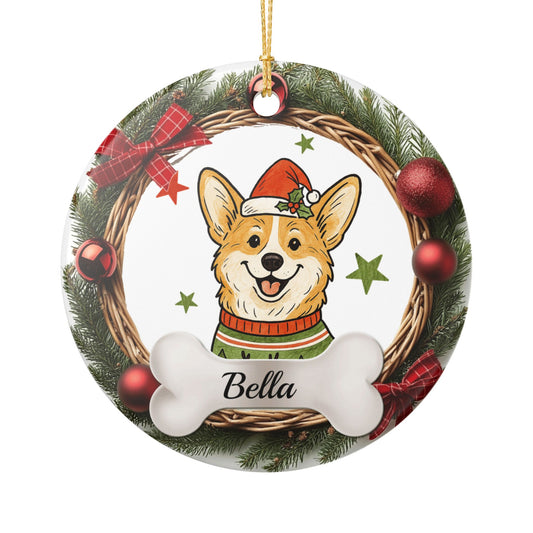 Corgi in Santa Hat Ceramic Ornament, Dog Bone Name Plate, Pet Decor, Cute Christmas Ornament for Dog Lovers, Personalized Holiday Decor