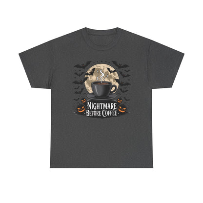 Halloween Coffee Tee, Unisex Heavy Cotton T-Shirt, Nightmare Before Coffee Shirt, Spooky Graphic Tee, Fall Seasonal Apparel