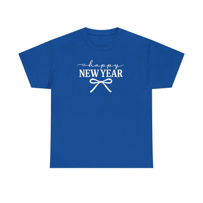 Happy New Year Bow T-Shirt, Minimalist New Year Typography Tee, Holiday Graphic Shirt, New Year's Eve Outfit, Casual Festive Top
