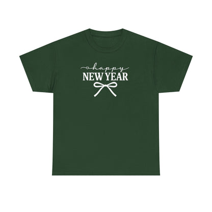 Happy New Year Bow T-Shirt, Minimalist New Year Typography Tee, Holiday Graphic Shirt, New Year's Eve Outfit, Casual Festive Top