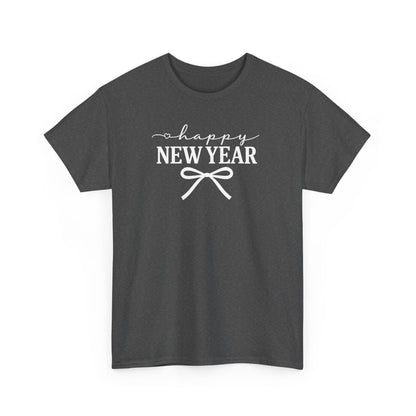 Happy New Year Bow T-Shirt, Minimalist New Year Typography Tee, Holiday Graphic Shirt, New Year's Eve Outfit, Casual Festive Top