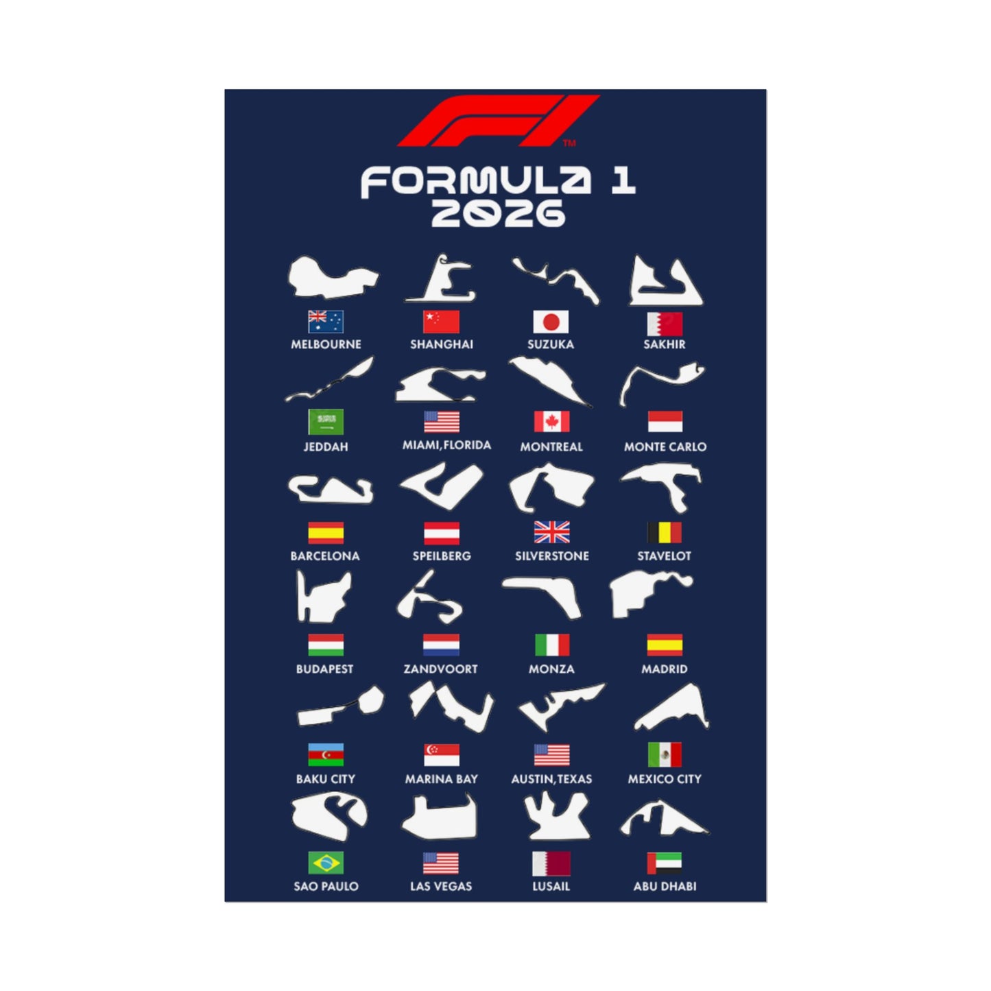Formula 1 2026 Track Silhouettes Poster, F1 Circuits Map Wall Art, Grand Prix Calendar Print, Motorsport Racing Decor, Rolled Poster