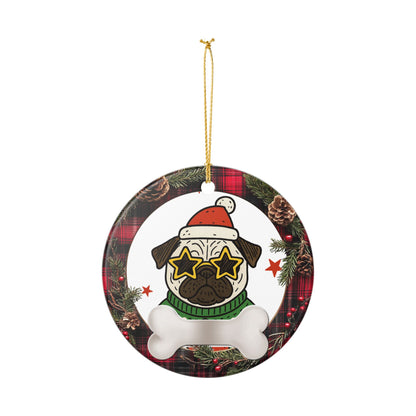 Pug in Santa Hat Ornament, Cute Pug Christmas Tree Decoration, Dog Lover Ceramic Ornament, Holiday Pet Gift, Funny Pug Xmas Decor