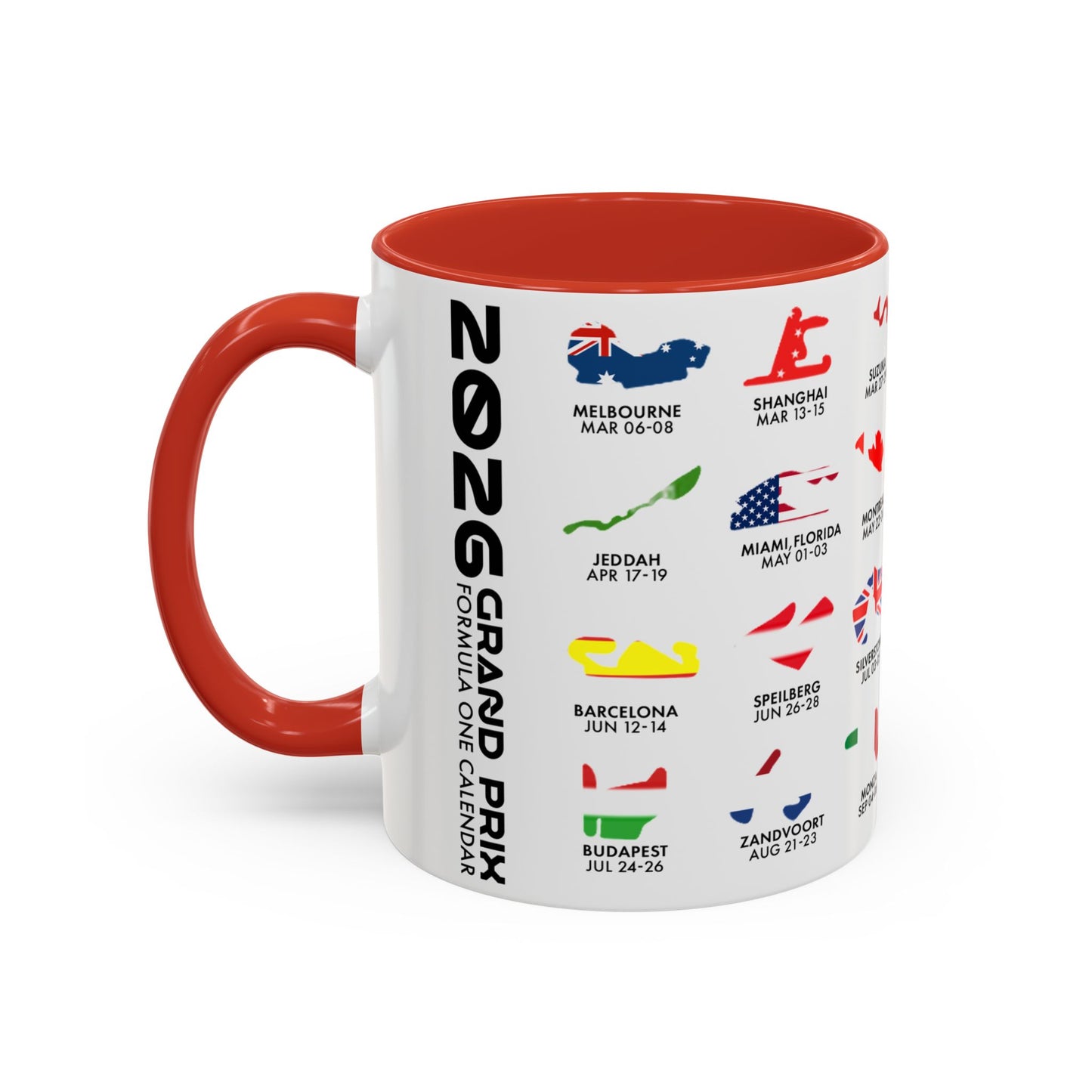 2026 Grand Prix Calendar Mug, Formula 1 Accent Coffee Mug, F1 Circuit Icons Cup, Motorsport Fan Gift, Racing Calendar Ceramic Mug