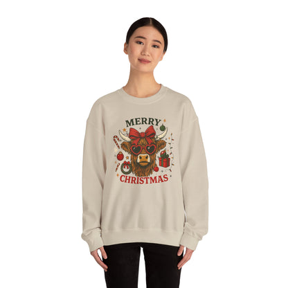 Merry Christmas Highland Cow Sweatshirt, Cow Christmas Crewneck, Funny Holiday Farm Shirt, Western Christmas Sweater, Cozy Xmas Gift for Her