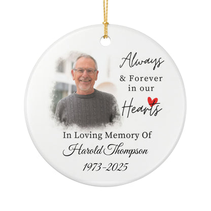 Memorial Ceramic Ornament, Personalized Remembrance Decoration, Always in our Hearts, Keepsake Gift, Dad Remembrance Ceramic Ornament