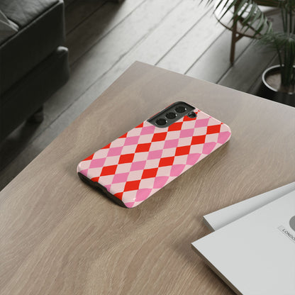 Tough Cases with Red Pink Diamonds, Retro Checkerboard iPhone Case And Samsung Case, Slim Fit Phone Case, Stylish Gift