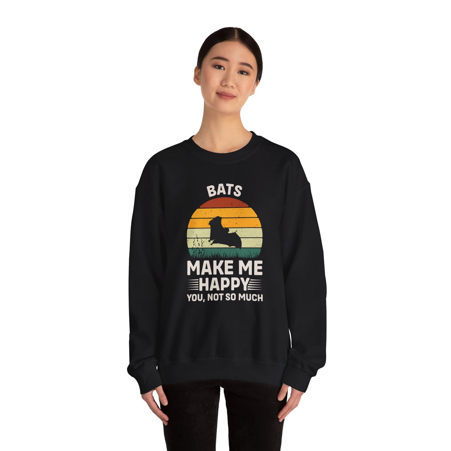 Bats Make Me Happy Sweatshirt, Cozy Graphic Pullover, Gift for Bat Lovers, Unisex Crewneck, Fun Animal Apparel, Halloween Sweatshirt
