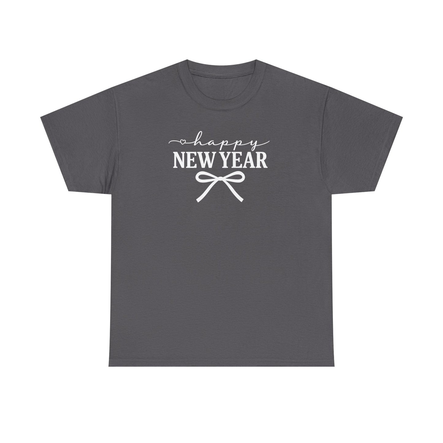 Happy New Year Bow T-Shirt, Minimalist New Year Typography Tee, Holiday Graphic Shirt, New Year's Eve Outfit, Casual Festive Top