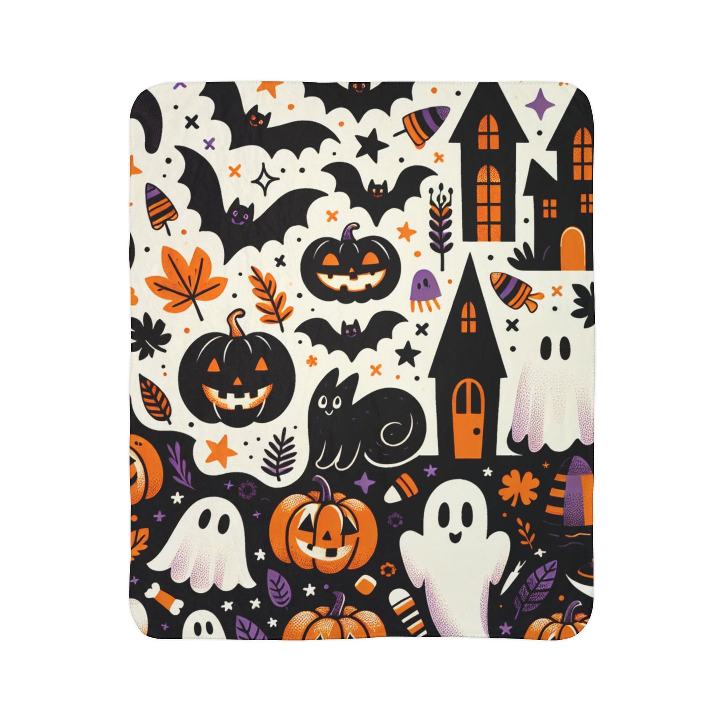 Spooky Season Fleece Sherpa Blanket, Cozy Halloween Decor, Ghosts & Pumpkins Throw Blanket, Autumn Gift, Trick or Treat Sherpa Blanket