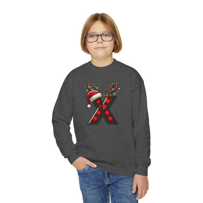 Festive Youth Crewneck Sweatshirt with Christmas Reindeer and Santa Hat, Holiday Gift for Kids, Winter Wear, Cozy Sweater, Christmas Apparel