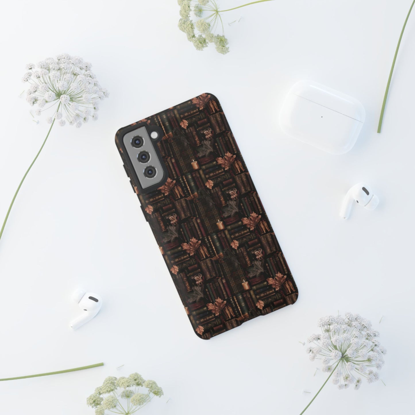 Gothic Phone Case Dark Academia Literary iPhone Samsung Cover with Books & Flowers, Phone case