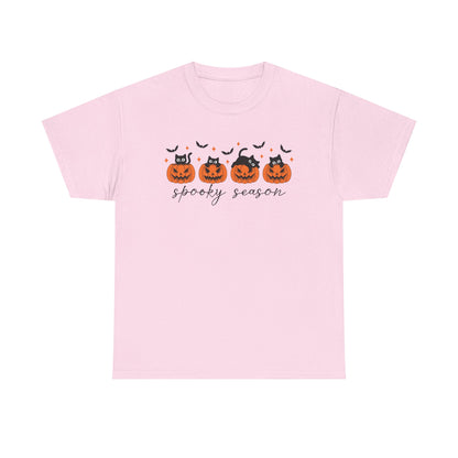 Spooky Season Unisex Heavy Cotton Tee, Halloween Shirt, Fall Apparel, Pumpkin T-Shirt, Cat Lover Gift, Pumpkin Tee