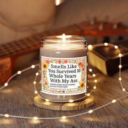 Funny Scented Candle - Smells Like You Survived 10 Whole Years, Gift for Friends, Birthday Candle, Fun Décor, Self-Care Treat