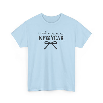 Happy New Year Bow T-Shirt, Minimalist New Year Typography Tee, Holiday Graphic Shirt, New Year's Eve Outfit, Casual Festive Top