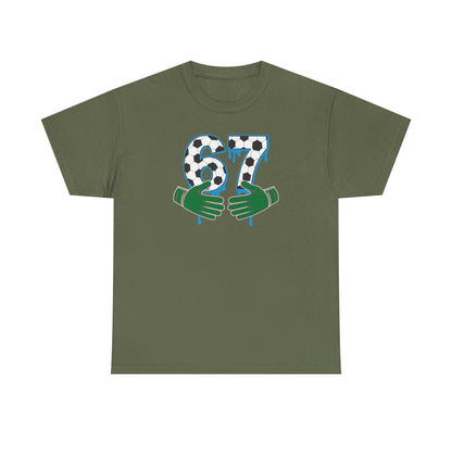 Dripping 97 Number Graphic Tee, Streetwear Checkerboard T-Shirt with Green Hands, Artsy Unisex Cotton Shirt