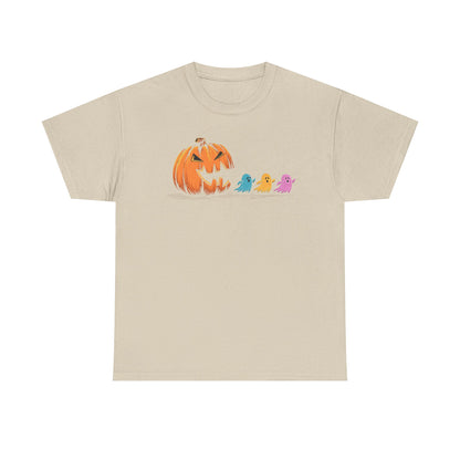 Halloween Pumpkin & Ghosts Unisex Heavy Cotton Tee, Cute Fall Shirt, Spooky Spirit Wear, Halloween Costume Top, Autumn Vibes Tee