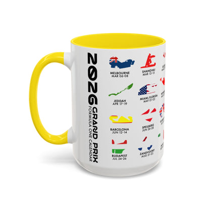 2026 Grand Prix Calendar Mug, Formula 1 Accent Coffee Mug, F1 Circuit Icons Cup, Motorsport Fan Gift, Racing Calendar Ceramic Mug